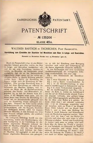 Original Patentschrift - W. Bartsch in Tschechen , Post Rackschütz , 1900 , Säemaschine , Landwirtschaft !!!