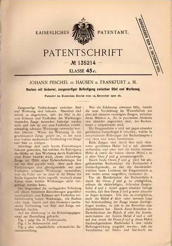 Original Patentschrift - J. Peschel in Hausen b. Frankfurt a.M., 1901 , Rechen , Landwirtschaft , Ackerbau , Ernte !!!