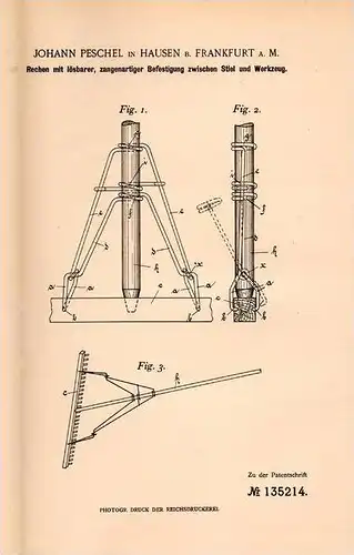 Original Patentschrift - J. Peschel in Hausen b. Frankfurt a.M., 1901 , Rechen , Landwirtschaft , Ackerbau , Ernte !!!