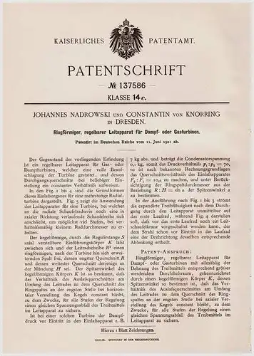 Original Patentschrift - Constantin von Knorring in Dresden , 1901 , Leitapparat für Gas- oder Dampfturbinen!!!