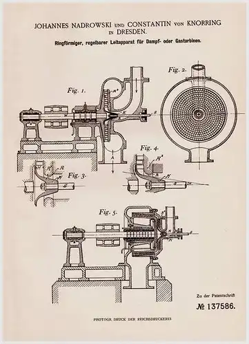 Original Patentschrift - Constantin von Knorring in Dresden , 1901 , Leitapparat für Gas- oder Dampfturbinen!!!