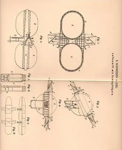 Original Patentschrift - E. Schneider in Kiel , 1900 , Luftschiff mit Schlagflügeln , Flugzeug !!!