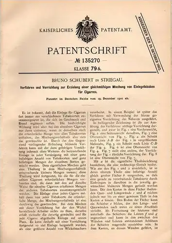 Original Patentschrift - B, Schubert in Striegau , 1901 , Mischung von Tabak für Cigarren , Cigarre !!!