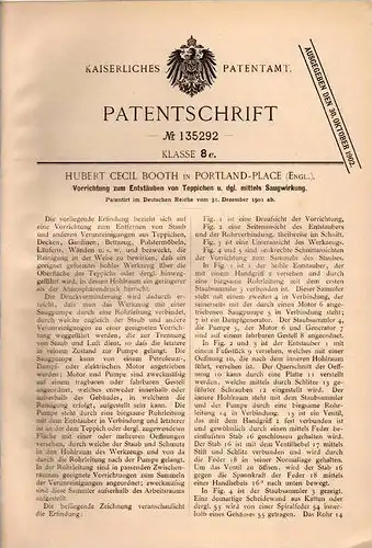 Original Patentschrift - H. Booth in Portland Place , England , 1901 , Staubsauger für Teppich und Polstermöbel  !!!