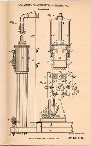 Original Patentschrift - J. Grapengeter in Hamburg , 1900 , Dampframme , Ramme , Pfahlgründung !!!