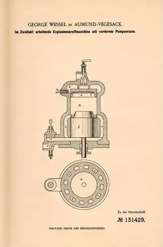Original Patentschrift - G. Wessel in Aumund - Vegesack b. Bremen , 1901 , Zweitakt - Explosionskraftmaschine !!!