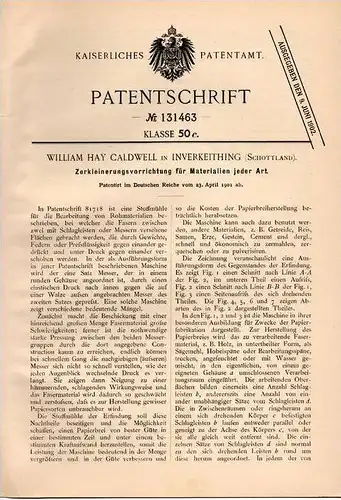 Original Patentschrift - W. Caldwell in Inverkeithing , Schottland , 1901 , Zerkleinerungsmaschine !!!