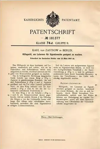 Original Patentschrift - Karl von Zastrow in Berlin , 1906 , Laternen für Signalzwecke , Morsezeichen , Morsen !!!