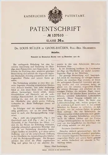 Original Patentschrift - Dr. L. Müller in Gross - Rhüden b. Seesen , Reg.-Bez. Hildesheim , 1902 , Heizofen , Ofen !!!