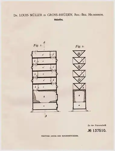 Original Patentschrift - Dr. L. Müller in Gross - Rhüden b. Seesen , Reg.-Bez. Hildesheim , 1902 , Heizofen , Ofen !!!