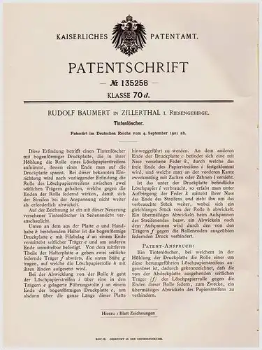 Original Patentschrift - R. Baumert in Zillerthal i. Riesengebirge , 1901 , Tintenlöscher , Tinte !!!