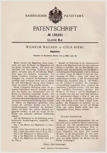 Original Patentschrift - W. Wagner in Cöln - Riehl , 1902 , Bügeleisen !!!