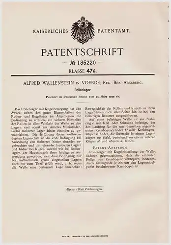 Original Patentschrift - A. Wallenstein in Voerde , Reg.-Bez. Arnsberg , 1902 , Rollenlager !!!