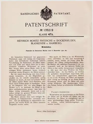 Original Patentschrift - H. Fritzsche in Dockenhuden , Blankenese b. Hamburg , 1901 , Winkelzähne !!!