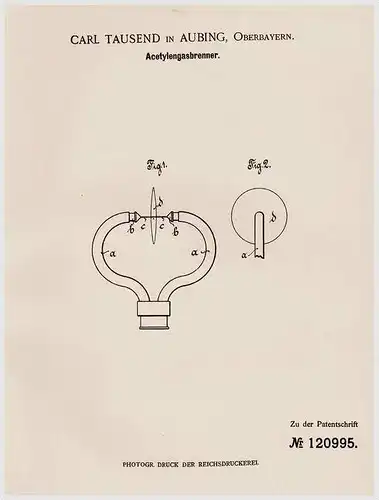 Original Patentschrift - Carl Tausend in Aubing , Oberbayern , 1900 , Acetylengasbrenner , Acetylen !!!