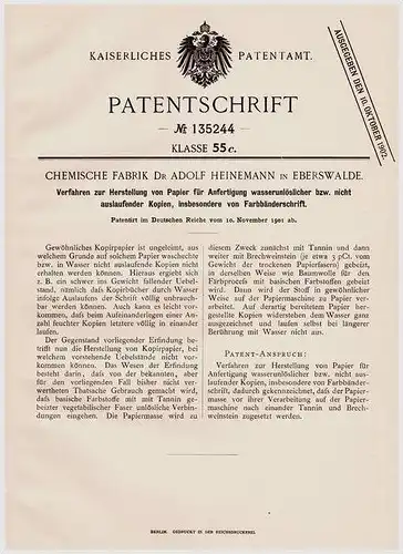 Original Patentschrift - Chemische Fabrik , Dr. A. Heinemann in Eberswalde , 1901 , Herstellung von Papier !!!