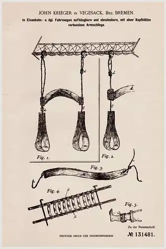 Original Patentschrift - J. Krieger in Vegesack b. Bremen , 1901 , Armschlinge mit Kopfstütze für Eisenbahn , Waggon !!!