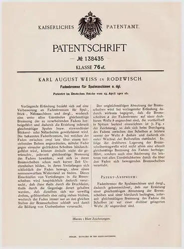 Original Patentschrift - K. Weiss in Rodewisch , 1902 , Fadenbremse für Spulmaschine , Stickerei , Näherei !!!