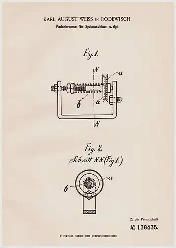 Original Patentschrift - K. Weiss in Rodewisch , 1902 , Fadenbremse für Spulmaschine , Stickerei , Näherei !!!