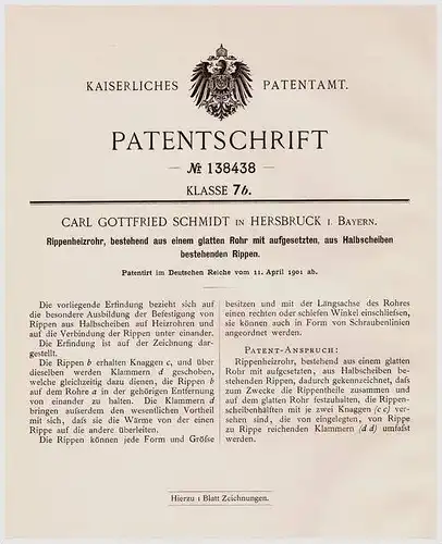 Original Patentschrift - C. Schmidt in Hersbruck i. Bayern , 1901 , Rippenheizrohr , Heizung !!!
