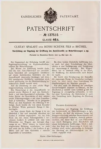 Original Patentschrift - G. Spalart und Henri Fils in Brüssel , 1901, Regelung des Ventils bei Motorwagen , Automobile !