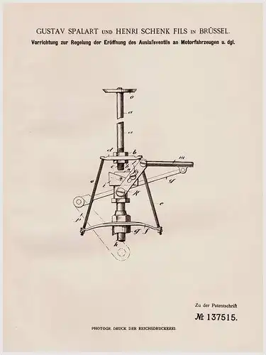 Original Patentschrift - G. Spalart und Henri Fils in Brüssel , 1901, Regelung des Ventils bei Motorwagen , Automobile !