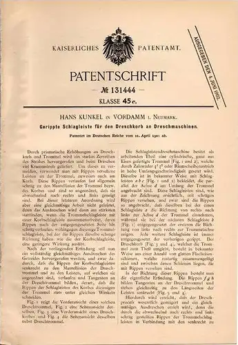 Original Patentschrift - H. Kunkel in Vordamm i. Neumark , 1901 , Schlagleiste für Dreschmaschine , Landwirtschaft !!!