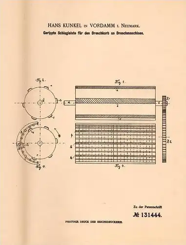 Original Patentschrift - H. Kunkel in Vordamm i. Neumark , 1901 , Schlagleiste für Dreschmaschine , Landwirtschaft !!!
