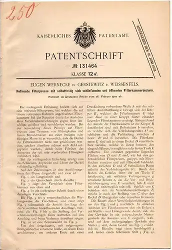 Original Patentschrift - E. Wernecke in Gerstewitz b. Weißenfels , 1901 , rotierende Filterpresse !!!