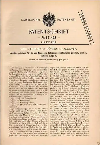 Original Patentschrift - J. Kindling in Döhren b. Hannover , 1901 , Anzeige der Stationen für Züge und Fahrzeuge !!!