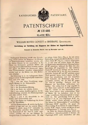 Original Patentschrift - W. Govett in Brisbane , Queensland , 1900 , Verhütung von Klappern bei Fahrrad - Bremse !!!