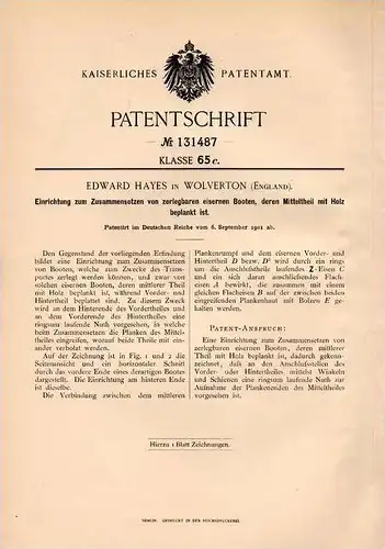 Original Patentschrift - E. Hayes in Wolverton , England , 1901 , Zusammensetzen von zerlegbaren Booten !!!
