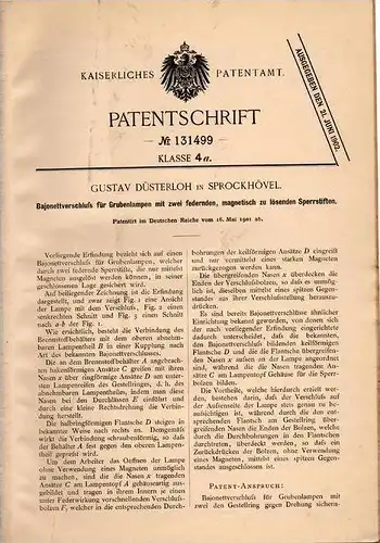 Original Patentschrift - G. Düsterloh in Sprockhövel , 1901 , Bajonettverschluß für Grubenlampen , Lampe !!!