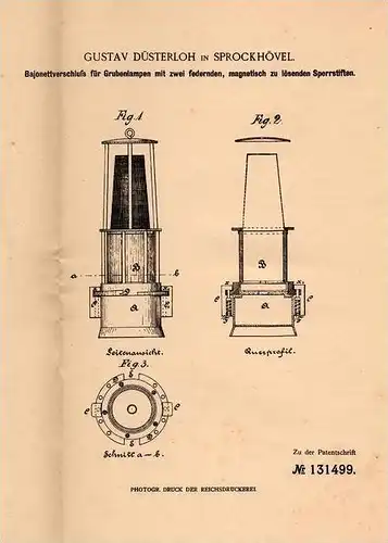 Original Patentschrift - G. Düsterloh in Sprockhövel , 1901 , Bajonettverschluß für Grubenlampen , Lampe !!!