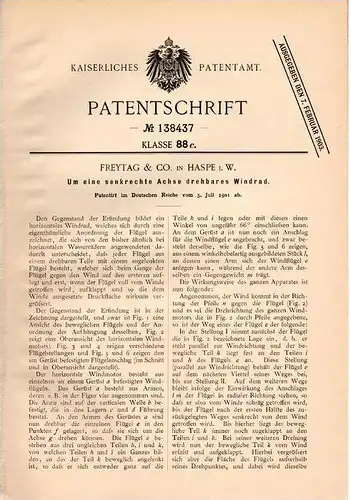 Original Patentschrift - Freytag & Co. in Haspe i.W. , 1901 , drehbares Windrad , Windmühle !!!
