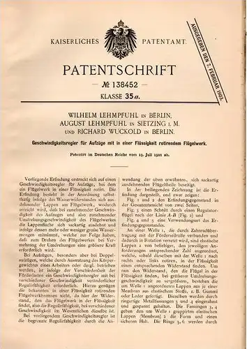 Original Patentschrift - A. Lehmpfuhl in Sietzing i.M. und Berlin , 1901 , Aufzug - Geschwindigkeitsregler , Lift !!!