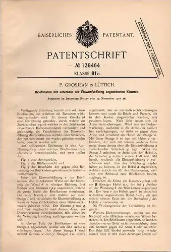 Original Patentschrift - P. Grosjean in Lüttich , 1901 , Briefkasten gegen Raub und Diebstahl , Post !!!