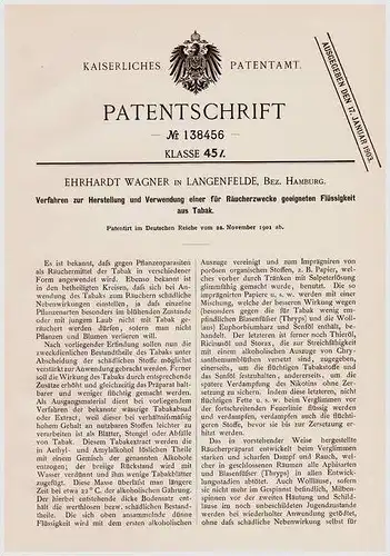 Original Patentschrift - E. Wagner in Langenfelde , Bez. Hamburg , 1901 , Tabak - Flüssigkeit zum Räuchern !!!