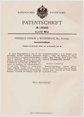 Original Patentschrift - F. Ehrich in Wittenberge , Bez. Potsdam , 1901 , Gewindeschneidkluppe , Gewindeschneider !!!