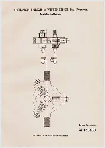 Original Patentschrift - F. Ehrich in Wittenberge , Bez. Potsdam , 1901 , Gewindeschneidkluppe , Gewindeschneider !!!