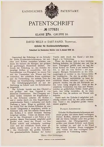 Original Patentschrift - David Mills in East - Rand , Transvaal., 1905 , Zylinder für Kondensatorluftpumpen !!!