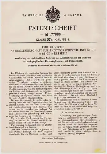 Original Patentschrift - E. Wünsche AG in Reick b. Dresden , 1906 , Stereoskop - Kamera !!!