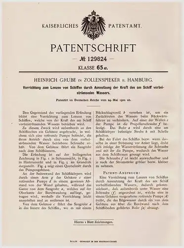 Original Patentschrift - H. Grube in Zollenspieker b. Hamburg , 1901 , Apparat zum Lenzen von Schiffen , Schiff !!!