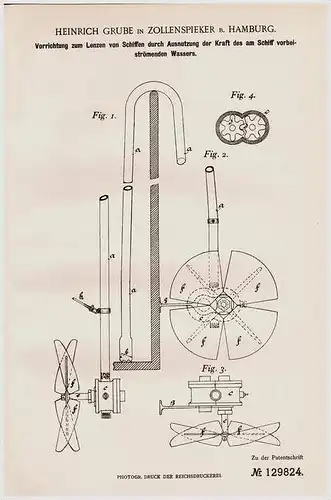 Original Patentschrift - H. Grube in Zollenspieker b. Hamburg , 1901 , Apparat zum Lenzen von Schiffen , Schiff !!!