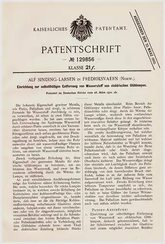 Original Patentschrift - Alf Sindling - Larsen in Fredriksvaern , Norwegen ,1901 , Entf. von  Wasserstoff aus Glühlampen