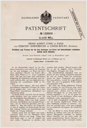 Original Patentschrift - E. Geisenberger in Chene-Bourg , 1901 , Trennen von Sulfaten bei Erzen , Chemie !!!