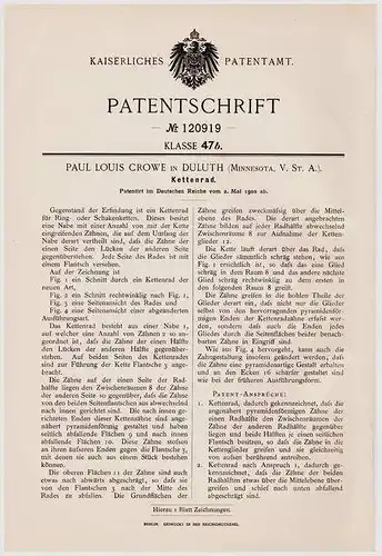 Original Patentschrift - P. Crow in Duluth , Minnesota , 1900 , Kettenrad , Rad für Kette !!!