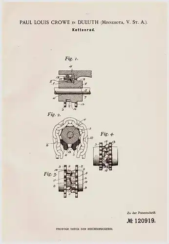 Original Patentschrift - P. Crow in Duluth , Minnesota , 1900 , Kettenrad , Rad für Kette !!!
