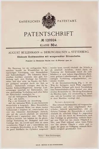 Original Patentschrift - A. Bullermann in Deblinghausen b. Steyerberg , 1900 , Sichtmaschine mit Streuscheibe !!!