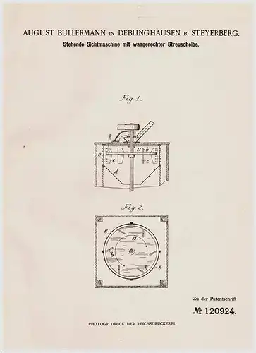 Original Patentschrift - A. Bullermann in Deblinghausen b. Steyerberg , 1900 , Sichtmaschine mit Streuscheibe !!!